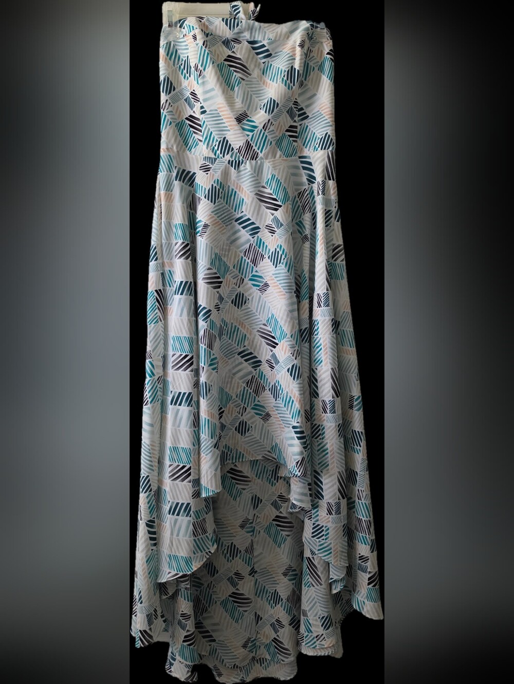 🆕️ WHBM Geometric High-Low Maxi Dress Strapless S Teal Black Beige On White NWT